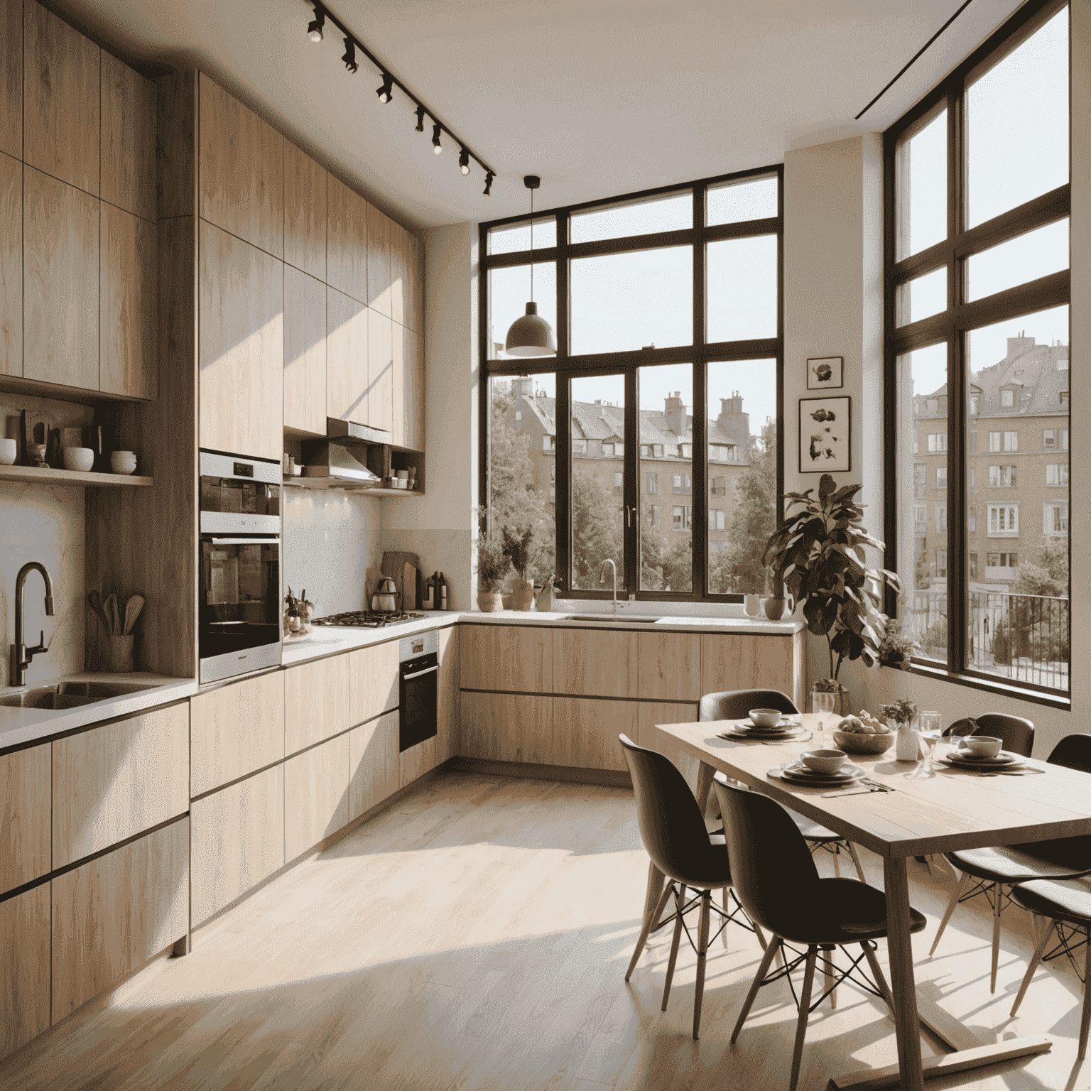 Eine moderne Wohnung mit offener Küche und großen Fenstern, die viel natürliches Licht hereinlassen