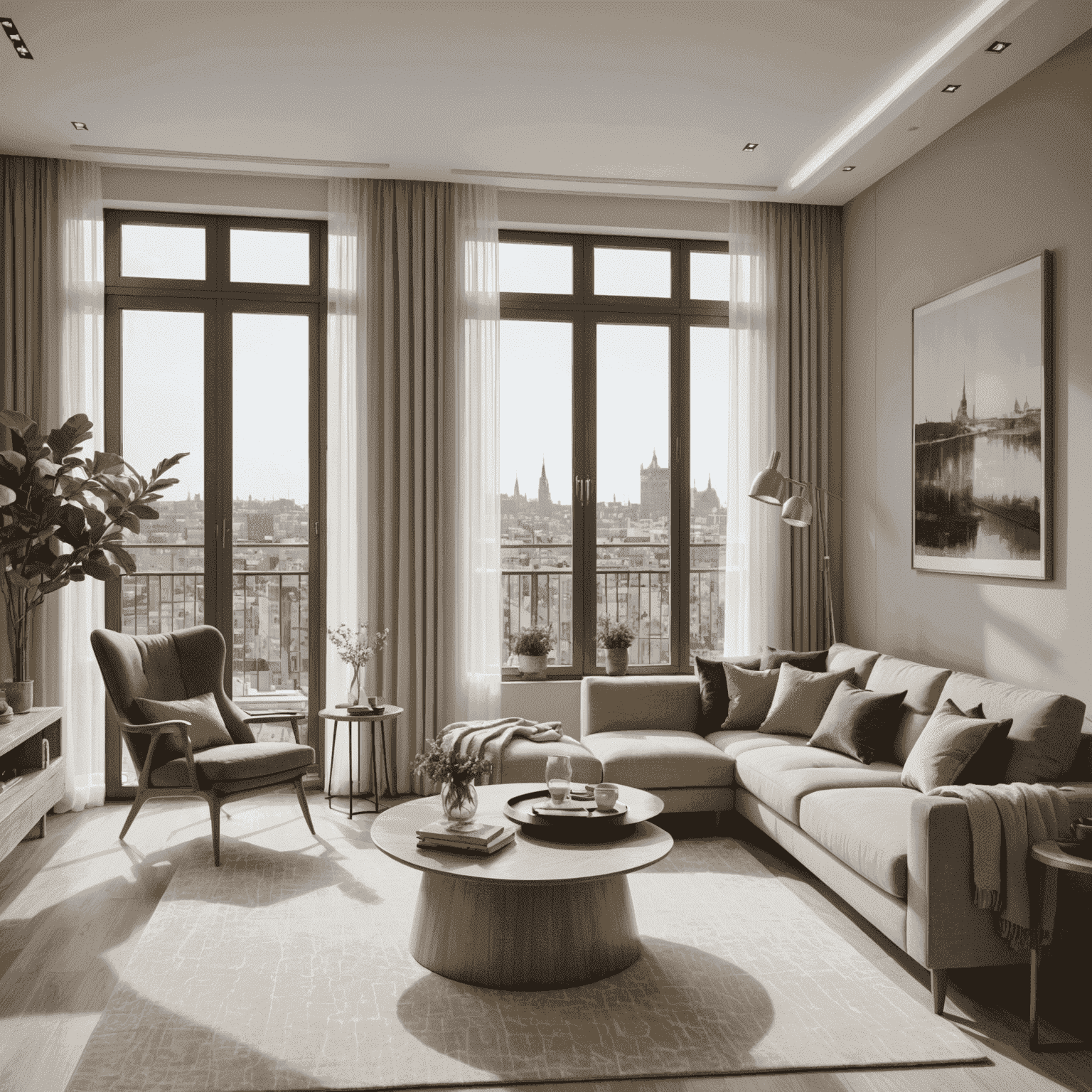 Professionelle Fotografie einer modernen Wohnung mit großen Fenstern und stilvoller Einrichtung