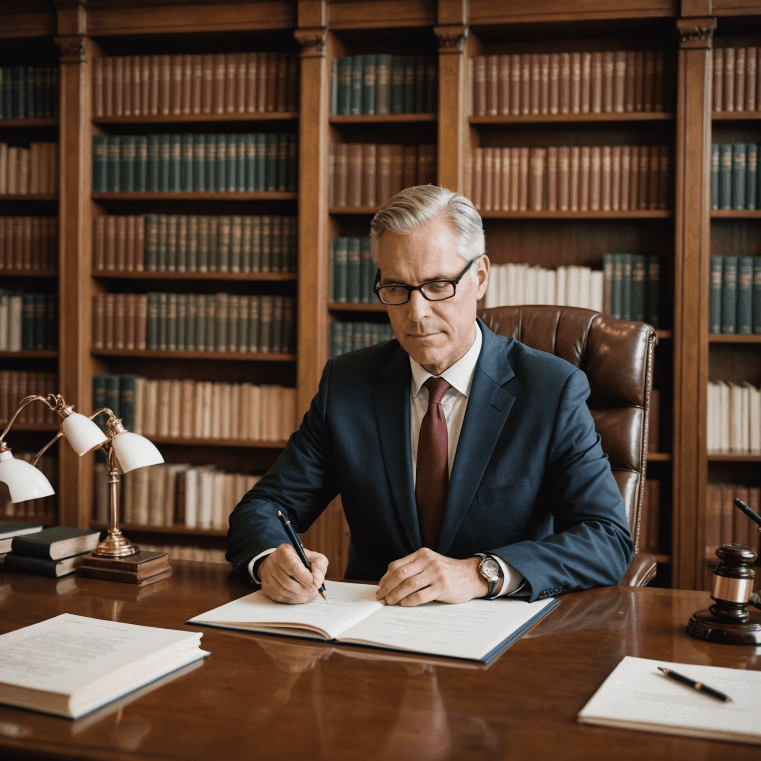 Notartermin für Immobilienverkauf: Ein Notar sitzt an einem großen Schreibtisch mit zwei Personen, die einen Kaufvertrag unterzeichnen. Im Hintergrund sind Bücherregale mit Gesetzbüchern zu sehen.