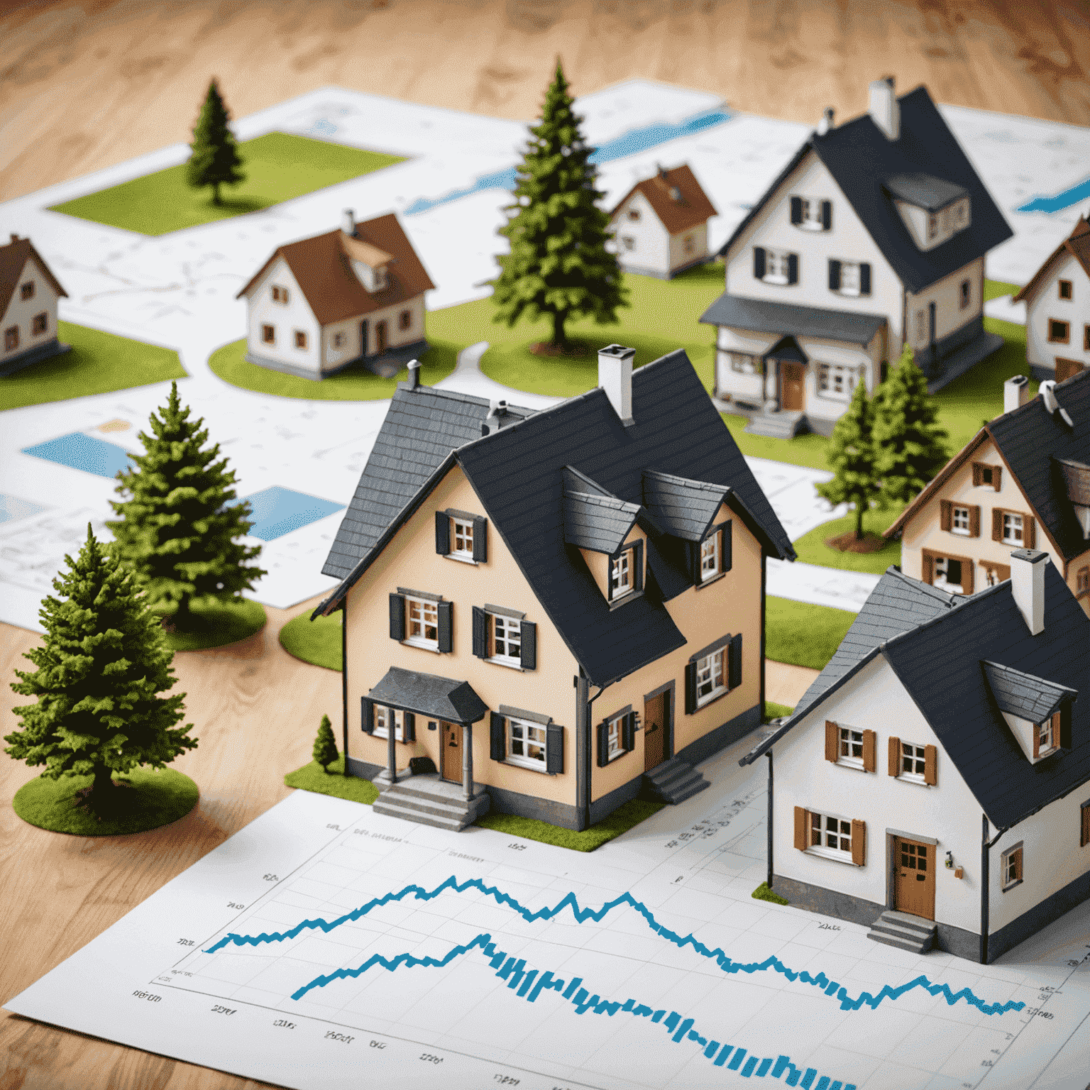 Grafik mit steigenden und fallenden Linien, die Immobilienpreistrends in verschiedenen Regionen Deutschlands zeigen, mit besonderem Fokus auf Zwingenberg und Umgebung in Hessen