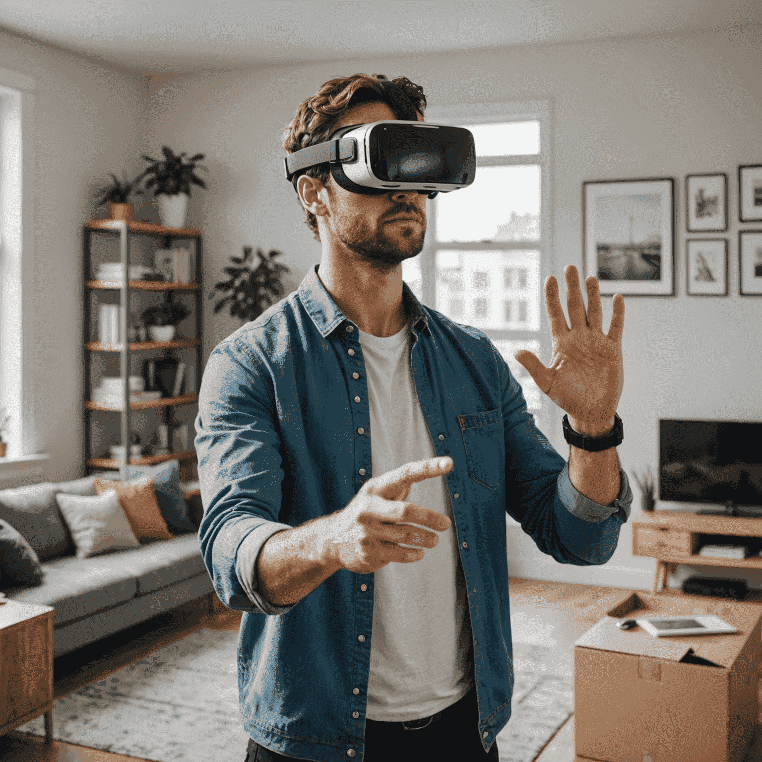Person mit VR-Brille, die eine virtuelle Wohnungsbesichtigung durchführt
