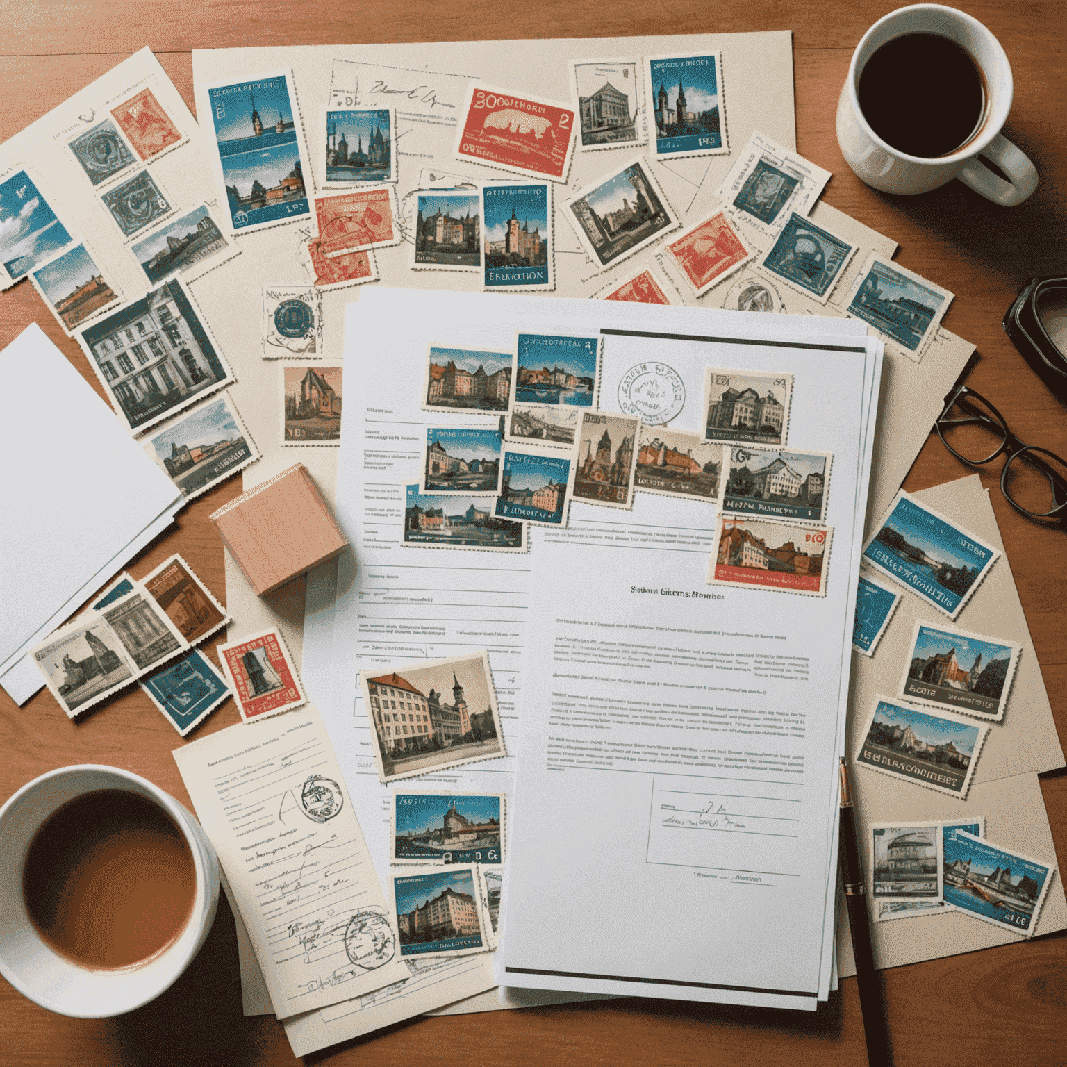 Collage von rechtlichen Dokumenten, Verträgen und Stempeln, die für den Verkauf einer Wohnung in Deutschland erforderlich sind