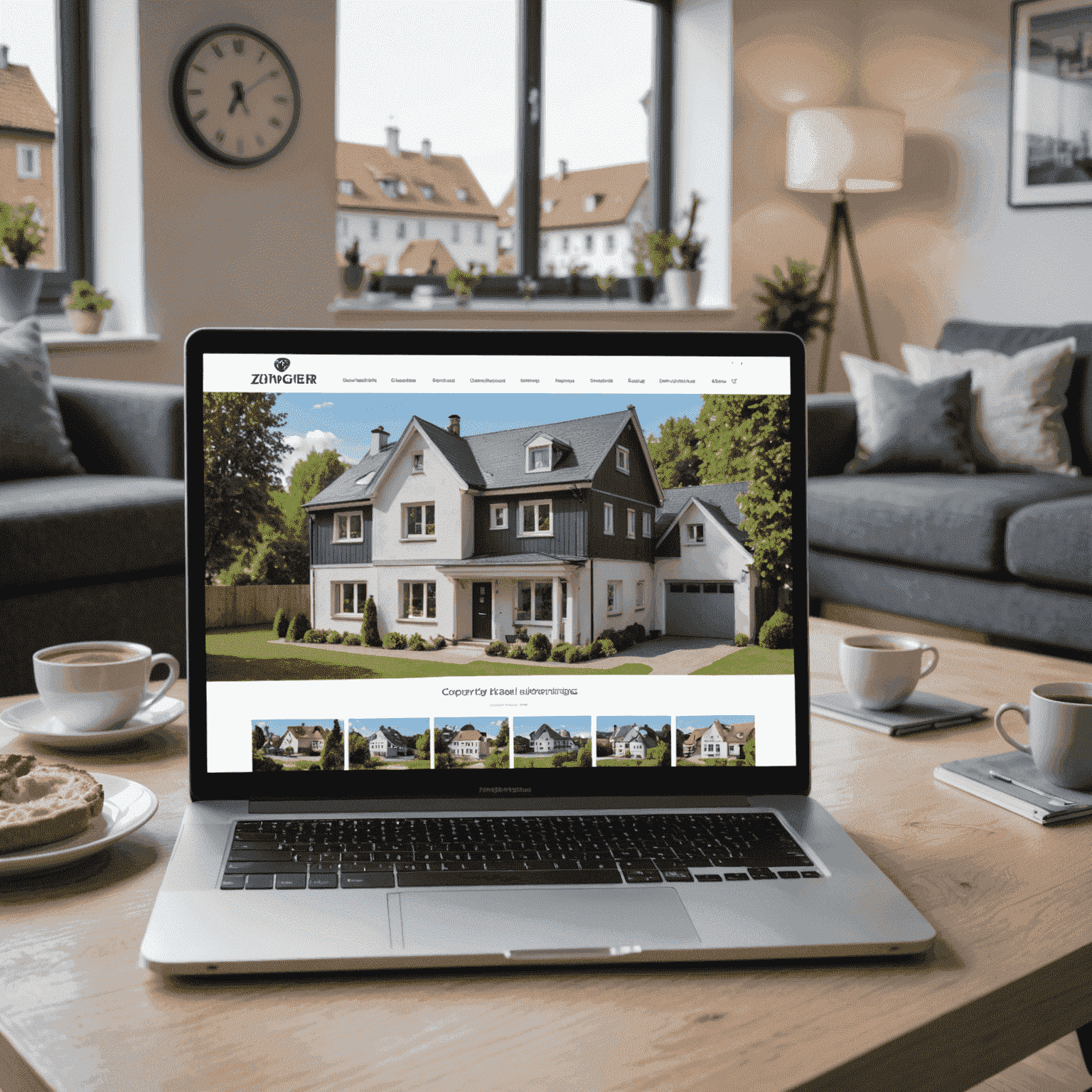 Ein Laptop zeigt eine Online-Immobilienanzeige mit professionellen Fotos einer Wohnung in Zwingenberg